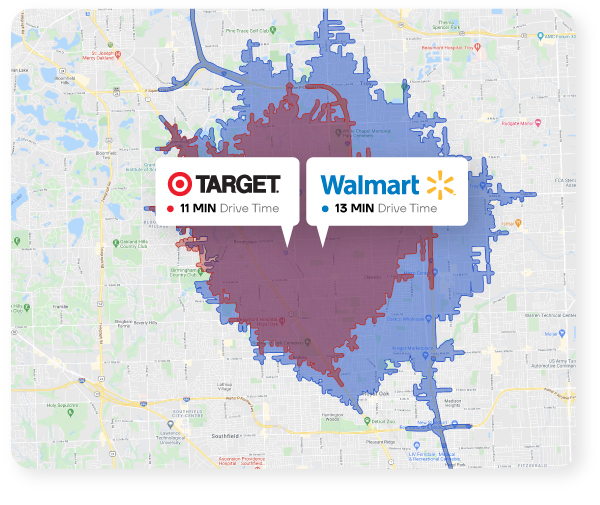 Map showing the drive time trade areas for both Target and Walmart