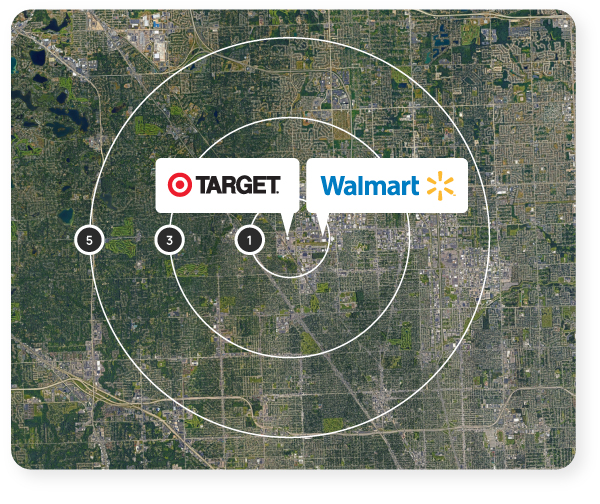 Map showing the one, three, and five-mile radius rings of the Target and Walmart in Troy, Michigan