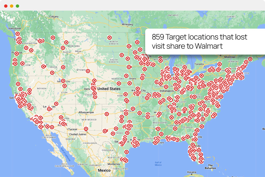 Map of the U.S. showing 859 Target locations that lost visits share to Walmart in Q2 2023