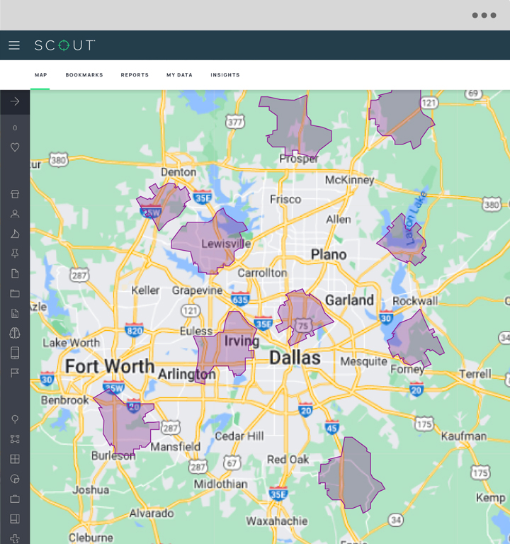 Buxton SCOUT UI displaying a map of recommended trade areas