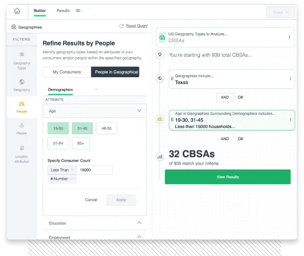 Portion of IQ query illustrating how to search for markets with specific customer demographics.