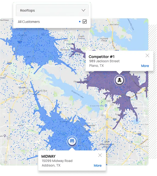 Buxton SCOUT map illustrating customer households, store trade areas, and competitor trade areas.